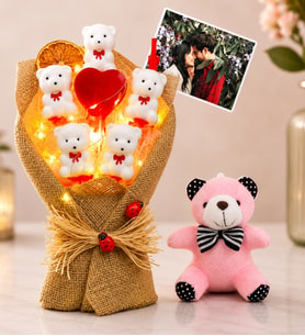 Kişiye Özel Fotoğraflı Led Işıklı Buket & Pembe Peluş Ayıcık Anahtarlık
