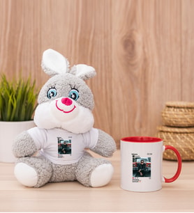 Kişiye Özel İnstagram Tasarım Fotoğraflı Peluş Tavşan ve Kırmızı Kupa