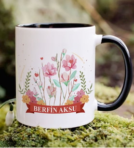 BK Gift Kişiye Özel İsimli Çiçek Tasarımlı Siyah Kupa Bardak- 16, Arkadaşa Hediye, Sevgiliye Hediye, Doğum Günü Hediyesi