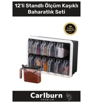 Premium Modern Pratik Bölmeki Şeffaf Mutfak Tezgah 12li Standlı Ölçü Kaşıklı Plastik Baharatlık Seti