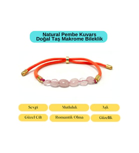 Sertifikalı Natural Pembe Kuvars Doğal Taş Makrome Bileklik Ayarlanabilir Ölçü