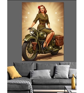 Yeşil Motosikletli Kadın Pinup Dekoratif Kanvas - Mdf Ahşap Tablo