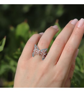 Kelebek Turkuaz Baget Taşlı Rose Gold Kaplama Gümüş Yüzük