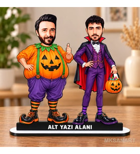 Fotoğraftan Kişiye Özel Halloween Balkabağı Vampir Karikatürlü 18 cm MDF Masaüstü Biblo - Masaüstü Hediye