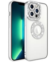 Apple iPhone 12 Pro Kılıf Şeffaf Lüx Taşlı Süslemeli Kamera Korumalı Silikon (Gümüş)