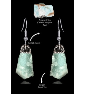 Sertifikalı Zirkon Taşlı Model Ham İşlenmemiş Amazonit Taşı Küpe (Mavi)