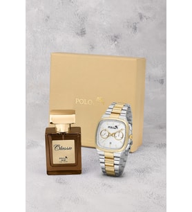 Polo Air Takvimli Kare Kasa Erkek Kol Saati Ve 55 ml Parfüm Seti Gold Gümüş Renk ST-5023E7