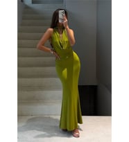 kadın yeşil degaje yaka sırt dekolteli maxi boy premium elbise NBDF298