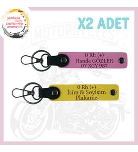 Sarı-Pembe, Motosiklet Severlere, İsim Plaka ve 0 Rh (+) Kan Grubu Yazılı Acil Durum 2'li Anahtarlık