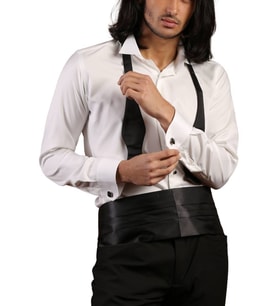 Krem Siyah Taş Düğmeli Damatlık Ata Yaka Kol Düğmeli Slim Fit Smokin Gömlek - 007