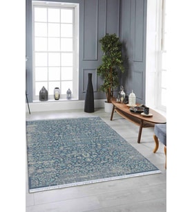 Mavi Vintage Dokuma Pamuk Tabanlı Kaymaz Kilim KLM160
