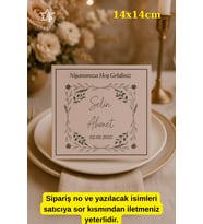 25 Adet Kare Masa Kartı - Hatıra Kartı - Nişan & Düğün Masa Kartı - 14x14 Kalın Kart - Yeşil Çiçek