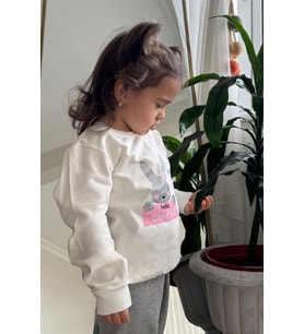 Breeze Kız Çocuk Sweatshirt Sevimli Simli Tavşancık Baskılı 1.5-5 Yaş, Ekru