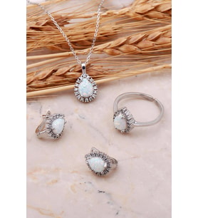 Opal Taşlı Damla Gümüş Üçlü Set 2436 (Beyaz)