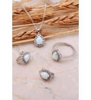 Opal Taşlı Damla Gümüş Üçlü Set 2436 (Beyaz)