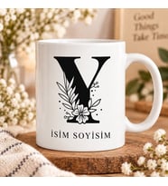 Kişiye Özel Baş Harf ve İsim Yazılı Çiçek Motifli Y Harfli Seramik Kupa Bardak
