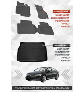 Sahler Volkswagen Passat B8 2015-2023 Uyumlu 4.5D Premium Havuzlu Oto Paspas ve Liner Marka 3D Bagaj Havuzu