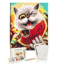 Sayılarla Boyama Seti 40 x 50 cm Tuval Şasesine Gerili Kedi ve Karpuz