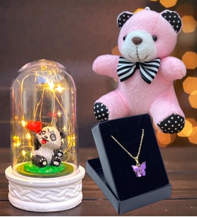 Tasarım Kelebek Kolye, Peluş Anahtarlık ve Led Işıklı Fanus Hediye Seti (Model 4)