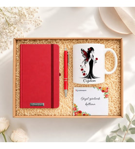 İsme Özel Peri Kız Hediye Seti Kupa Bardak Cizgili Defter & Kalem Sevgiliye Romantik Hediye