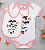 BK Kids Kişiye Özel Aynı Dayısı Tasarımlı Pembe Bebek Body Zıbın ve Mama Önlüğü Hediye Seti