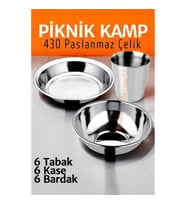 CEYLAN ADAM Paslanmaz Çelik Tabak Kase Bardak Seti Kamp Piknik Seti 18 adet