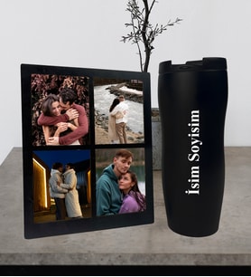 Kişiye Özel Premium  Termos Bardak Ve Fotoğraflı Dört Resimli Siyah Kolaj Masaüstü Fotoğraf Siyah Çerçeve