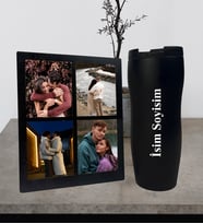 Kişiye Özel Premium  Termos Bardak Ve Fotoğraflı Dört Resimli Siyah Kolaj Masaüstü Fotoğraf Siyah Çerçeve
