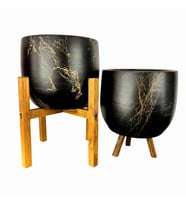 Bitki Tasarımı Siyah Üzeri Gold Mermer Efektli Toprak Saksı Saksılık Salon Çiçeklik İkili Set 3 Ayaklı- 4 Ayaklı- 19 CM
