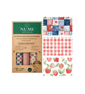 NUMI Naturals Balmumu Gıda Saklama Bezleri – Premium 3’lü Set (30×30 cm) - Strawberry Cottage Serisi