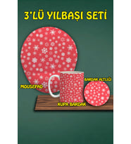 Yılbaşı Temalı 3'lü Bilek Destekli Mousepad Kupa Ve Bardak Altlığı Seti