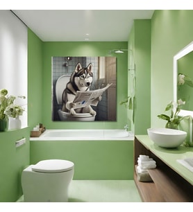 Tekli Kare Kanvas Banyo Tablosu Gazete Okuyan Sibirya Kurt Köpeği