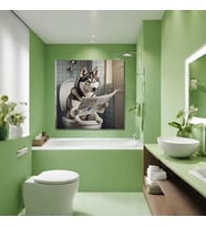 Tekli Kare Kanvas Banyo Tablosu Gazete Okuyan Sibirya Kurt Köpeği