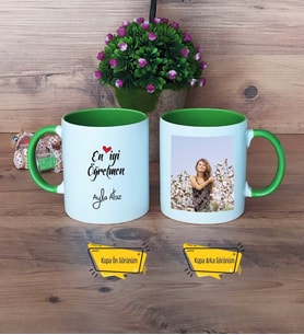 En İyi Öğretmen Kupa Bardak Yeşil Fotoğraflı Öğretmenler Günü Hediyesi