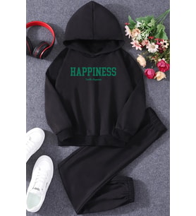 Çocuk Happiness Baskılı Eşofman Takımı (Siyah)