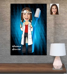 Kişiye Özel Karikatür Baskılı Ahşap Tablo Doktor Dişci Kadın-1 30x40