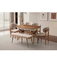 Ahşap Salon Çınar Yemek Masa Sandalye Takımı Ortadan Açılır Büyüyen 4 Sandalye 1 Bench 80x130cm