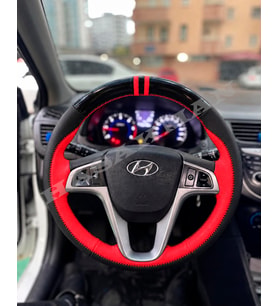 Hyundai Accent Blue Dikme Direksiyon Kılıfı Parlak Siyah Kırmızı Detaylı Kırmızı Çift Yüzük ve Dikiş 2011-2019