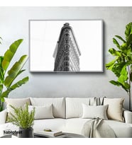 Gümüş Renk Metal Çerçeveli Tamperli Cam Tablo Flatiron Binası Üst Cephe Şehir Mimari Tablo Duvar Dekoru