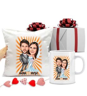 Kişiye Özel Gelin Damat Karikatürlü Kupa Bardak ve Yastık
