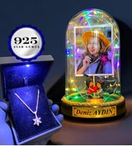 Size Özel Renkli Led Işıklı Fanus ve Işıklı Kutuda 925 Ayar Gümüş Lotus Kolye (Model 6)