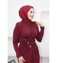 Neşeli butik kadın likralı düğme detaylı tesettür elbise NMS046