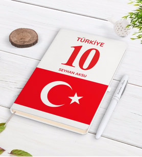 BK Gift Kişiye Özel Türk Bayraklı İsimli Forma Numaralı Beyaz Defter Kalem Seti-1
