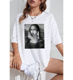 Unisex Mona Lisa Baskılı Tasarım Tshirt (Beyaz)