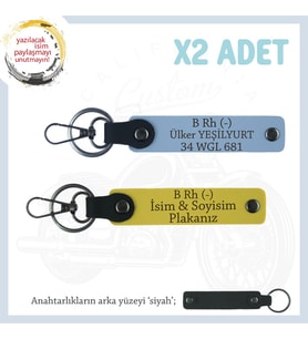 Hız Severlere Özel Süpriz, İsim Plaka ve B Rh (-) Kan Grubu Yazılı Deri x2 Anahtarlık, Sarı-Mavi-Syh (Çok Renkli)