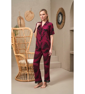 Pjs 25140 Kadın Yakalı Düğmeli Desenli Kısa Kollu Pijama Takım