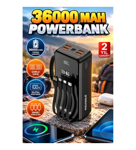 Dijital Göstergeli Çok Çıkışlı Powerbank – Dahili Kablolu Taşınabilir Şarj Cihazı