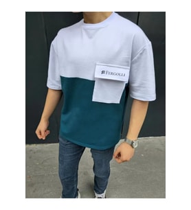 Unisex Torba Cep Detaylı Parçalı T-Shirt - Lacivert