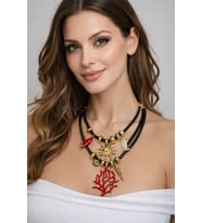 Çift Sıra Siyah Kordon Deniz Temalı Charm Kolye (Siyah-Gold)