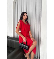 Neşeli butik kadın kuşaklı midi boy şifon elbise NBK4116 (Kırmızı)